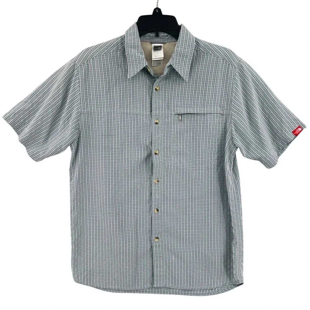The North Face Vented Plaid Button Down Shirt Mens M Blue Grey Short Sleeve Fish